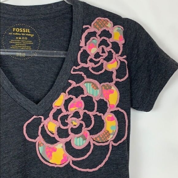 Fossil Grey embroidered deep v neck tee - Picture 3 of 7